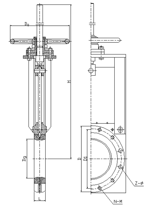 手動(dòng)對(duì)夾式礦漿刀閘閥結(jié)構(gòu)示意圖